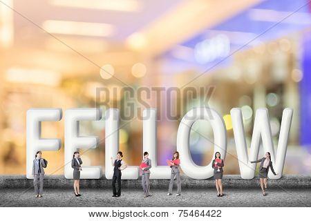 Concept of partner, friends,collaborate with group of business people stand with 3d text. 