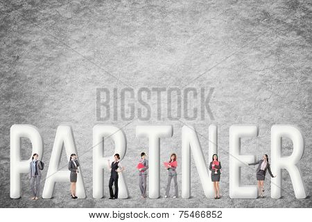 Concept of partner, friends,collaborate with group of business people stand with 3d text. 