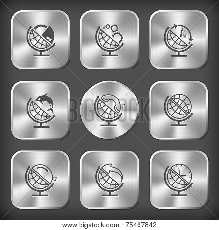 School globe set. Vector round and square steel buttons.