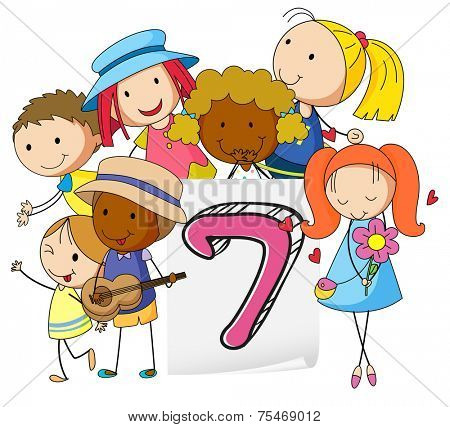 Number seven with children on white