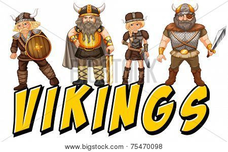 Four vikings with text on white