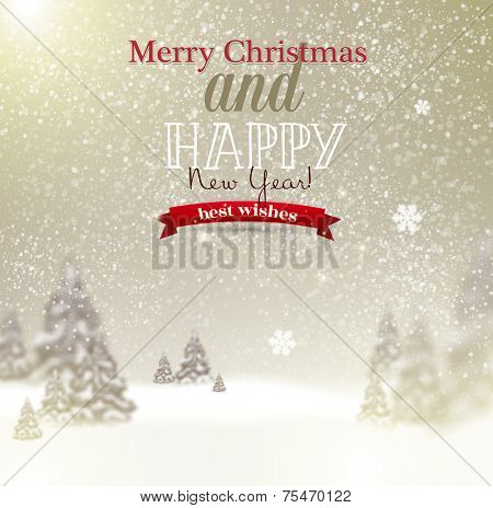 Beautiful Christmas background with blurred Christmas trees. White winter landscape. Vector Illustration