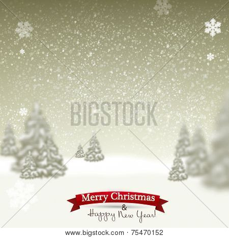 Beautiful Christmas background with blurred Christmas trees. White winter landscape. Starry sky. Vector Illustration