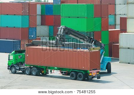 Crane Lifter Handling Container Box Loading To Truck