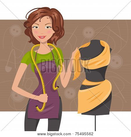 Woman Seamstress Near The Manikin. Dressmaker