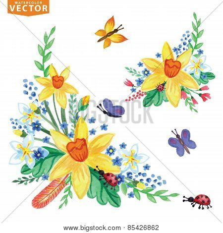 Watercolor Spring Flowers Group Set