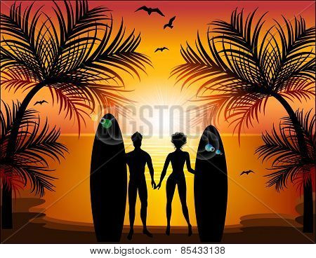 Silhouette Of Man And Woman On The Background Of A Tropical Landscape. Surfing. Just Married.