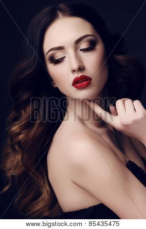 Beautiful Sexy Woman With Dark Hair And Bright Makeup