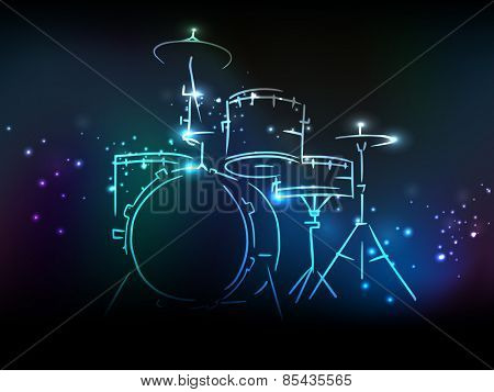Elegant illustration of drum set with neon effect on shiny colorful background.