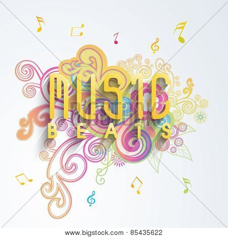 Colorful floral background with musical notes and glossy text Music Beats.