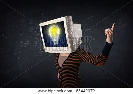 Business man with monitor screen on his head traped into a digital system concept