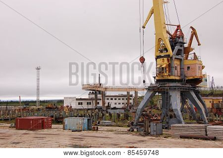 Port Cargo Crane At Kolyma River