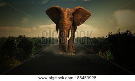 3D render of an elephant walking in the wilderness towards the camera