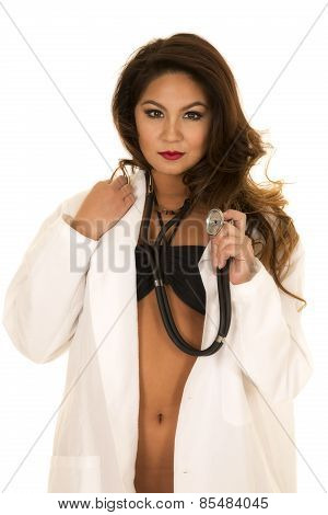 Woman Doctor In Bikini Open Jacket Serious With Stethoscope