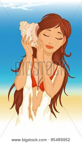 young woman with seashell