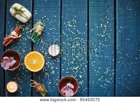 High angle view of table with objects for aromatherapy