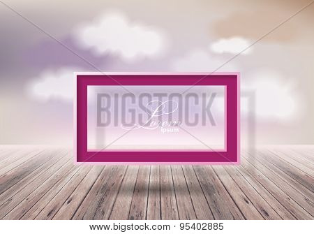 Frame template on  background with clouds.  wooden texture