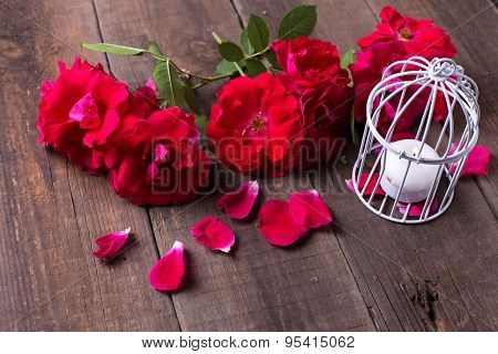 Postcard With Flowers Roses And Candle
