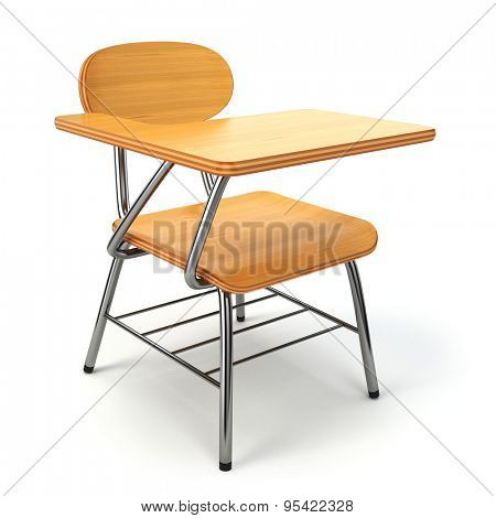 Wooden school desk and chair isolated on white. 3d