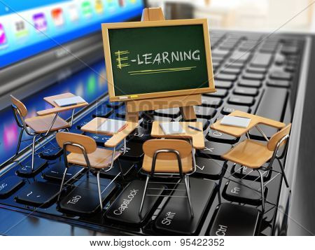 E-learning concept. Schooldesk and chalkboard on the laptop keyboard. 3d