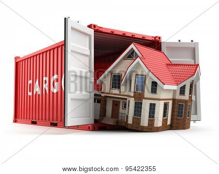 Moving house. Home and cargo shipping container isolated on white. Delivery. 3d