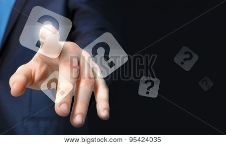 Close up of businessman hand touching icon on screen