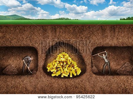 Business people dig a tunnel to treasure