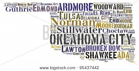 Word Cloud in the shape of Oklahoma showing some of the cities in the state
