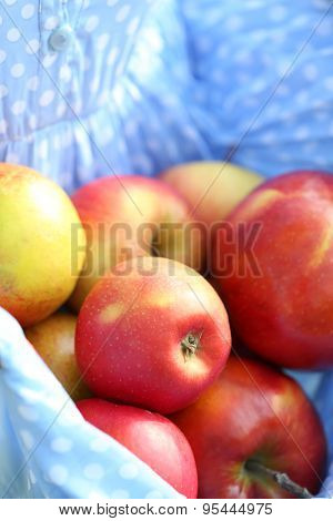 Red apple in hemline of female clothing, closeup