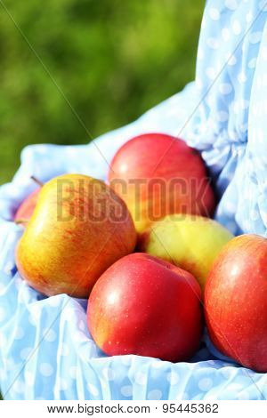 Red apple in hemline of female clothing, closeup