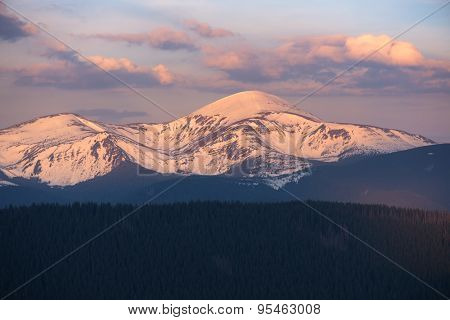 Top Goverla - the highest mountain of the Ukrainian Carpathians. Morning in the mountains. Spring landscape