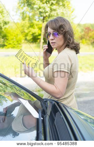 Suprised woman looking on parking ticket placed under windshield wiper and talking on the mobile phone