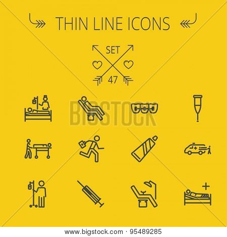 Medicine thin line icon set for web and mobile. Set includes- toothpaste, syringe, dentist chair, teeth, bed,dextrose, ambulance icons. Modern minimalistic flat design. Vector dark grey icon on light