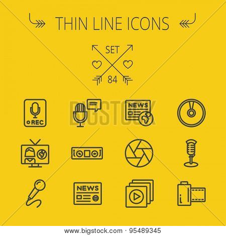 Multimedia thin line icon set for web and mobile. Set includes- for recording only sign, microphone, newspaper, newscaster, casette player icons. Modern minimalistic flat design. Vector dark grey icon