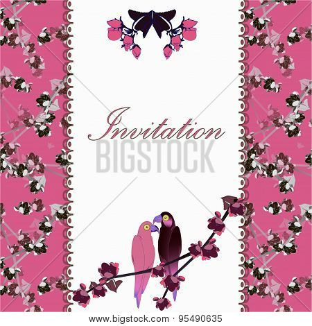 Beautiful floral invitation card with two parrots
