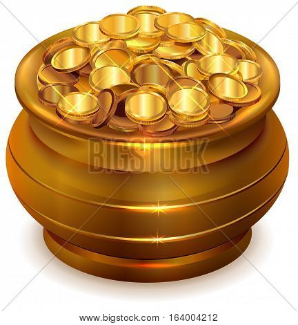 Full ceramic pot with gold coins. Isolated on white vector illustration