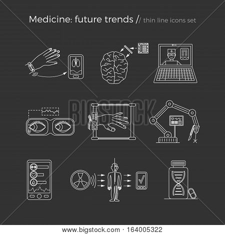 Vector illustration of future medicine trends. Medical gadgets and technological innovations. Thin line icons set of concept art. Dark (black) background.