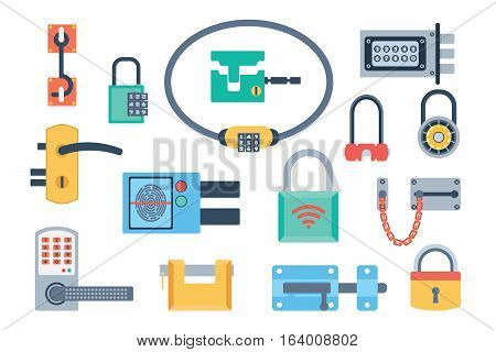 Lock icons set and security protection. Safety password sign privacy element and access shape open. Private safeguard modern firewall equipment vector collection.