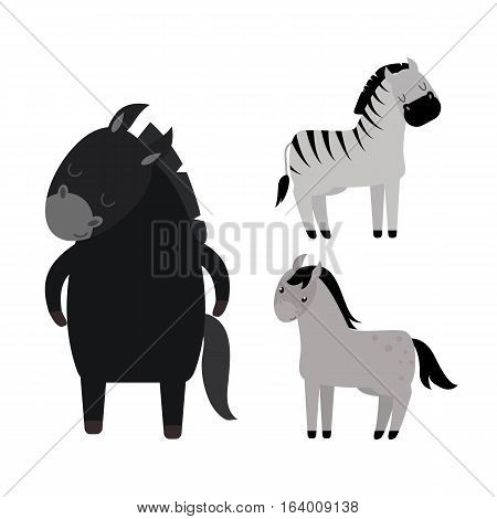 Set of horse pony stallion isolated on white background. Different breeds color farm equestrian set vector. Collection mammal silhouette domestic animal.