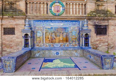 Seville, Spain - January 3, 2017:  Glazed tiles bench of spanish province of Zaragoza at Plaza de Espana Seville Spain
