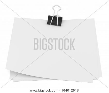 Binder clip and stack of paper. Isolated on white. 3D rendering