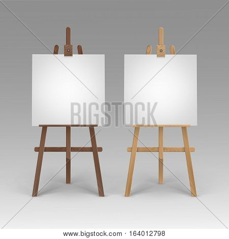 Vector Set of Wooden Brown Sienna Easels with Mock Up Empty Blank Square Canvases Isolated on Background