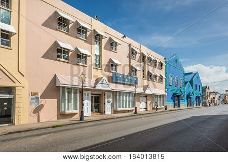 Bridgetown Barbados - December 18 2016: Building in the historic part of Bridgetown Barbados Caribbean. Historic Bridgetown and its Garrison is a World Heritage Site of UNESCO.