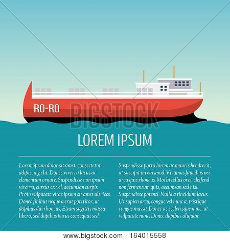Vector seaway ocean delivery and shipping boat with text area. Ship in modern flat style for illustrations, poster, t-shirts, web sites and others. Vector illustration isolated on a blue background.
