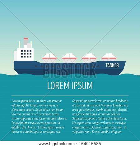 Vector seaway ocean delivery and shipping boat with text area. Ship in modern flat style for illustrations, poster, t-shirts, web sites and others. Vector illustration isolated on a blue background.