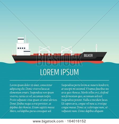 Vector seaway ocean delivery and shipping boat with text area. Ship in modern flat style for illustrations, poster, t-shirts, web sites and others. Vector illustration isolated on a blue background.