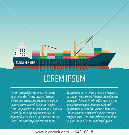 Vector seaway ocean delivery and shipping boat with text area. Ship in modern flat style for illustrations, poster, t-shirts, web sites and others. Vector illustration isolated on a blue background.