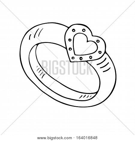 Wedding ring icon with heart. Outlined on white background
