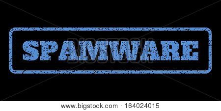 Blue rubber seal stamp with Spamware text. Vector caption inside rounded rectangular frame. Grunge design and dirty texture for watermark labels. Horisontal sign on a black background.