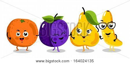 Cute fruit cartoon characters isolated on white background vector illustration. Funny orange, plum, pear, banana emoticon face icon collection. Happy smile cartoon face food emoji, comical fruit set.